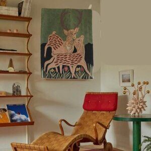 Vintage Deer Wall Hanging Tapestry Embroidery 23X17 Folk tale